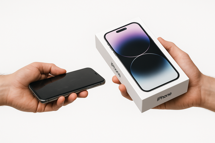 crear imagen tipo banner, de mano entregando celulat y recibiendo otro nuevo en caja ( iphone ) fondo blanco